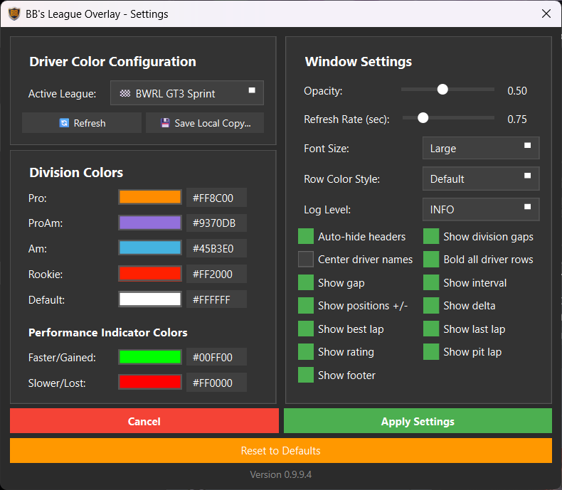 Overlay settings panel
